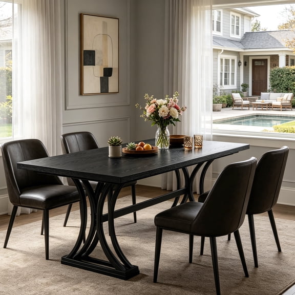 Fnova 63" Modern Dining Table, Rectangular Wooden Top Kitchen Table, Stylish Metal Trestle Legs, Seats 4 to 6 for Dining Room & Kitchen, Living Room