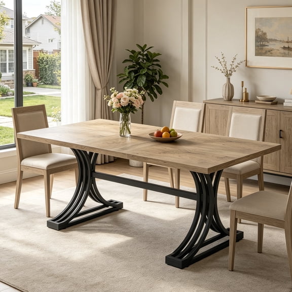 Fnova 63" Modern Dining Table, Rectangular Wooden Top Kitchen Table, Stylish Metal Trestle Legs, Seats 4 to 6 for Dining Room & Kitchen, Living Room