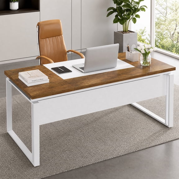 Fnova 63" Modern Executive Desk with Sturdy Legs, Computer Desk Home Office Desk Writing Table for Workstation, Brown & White