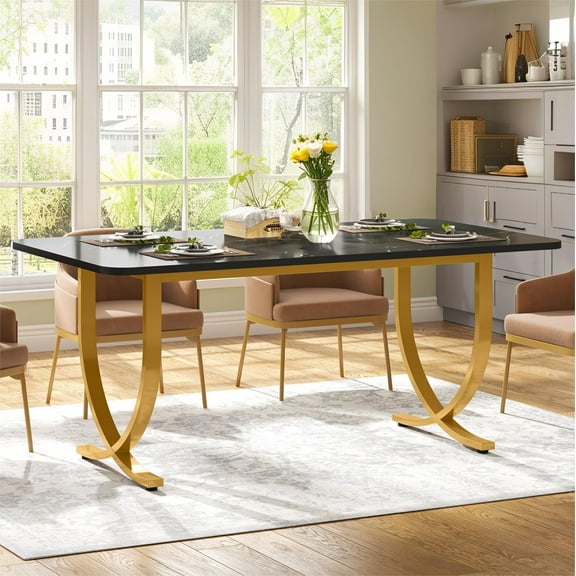 Fnova 63" Modern Long Dining Table for 6 people, Rectangular Faux Marble Kitchen Table with Metal Legsfor Dining Room, Black Gold