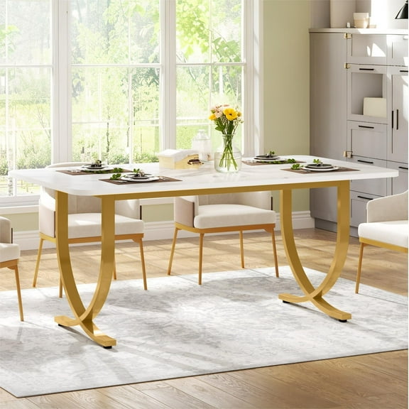 Fnova 63" Modern Long Dining Table for 6 people, Rectangular Faux Marble Kitchen Table with Metal Legsfor Dining Room, White Gold