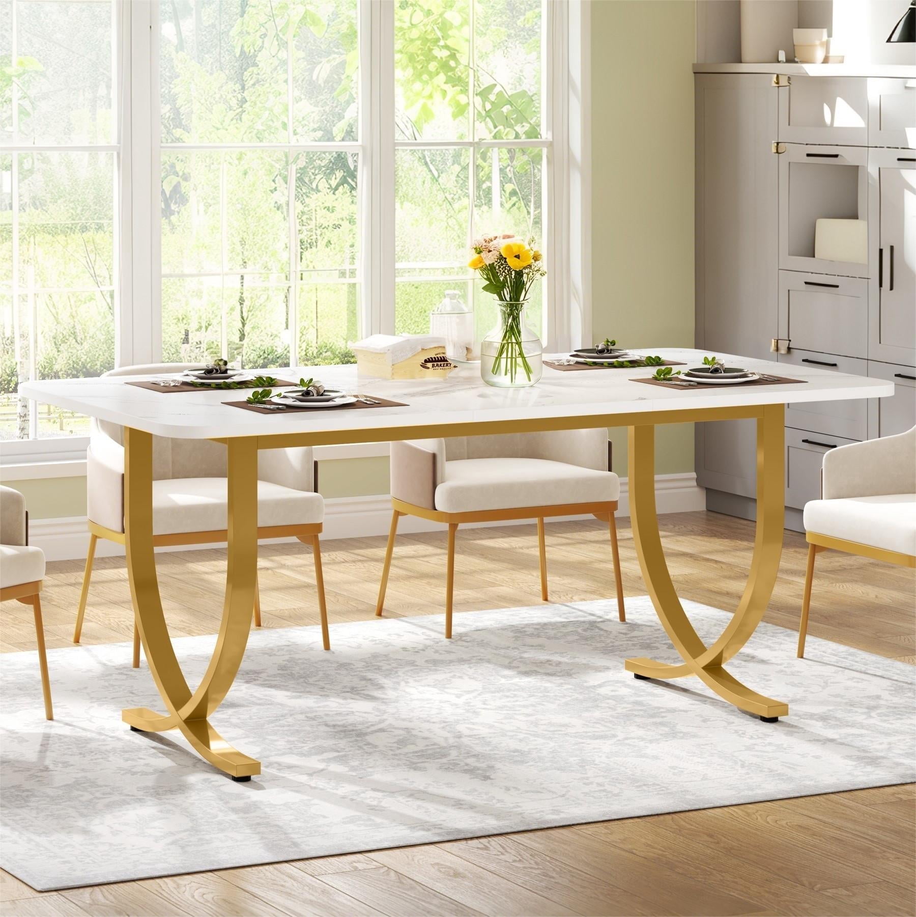 Fnova 63" Modern Long Dining Table for 6 people, Rectangular Faux Marble Kitchen Table with Metal Legsfor Dining Room, White Gold