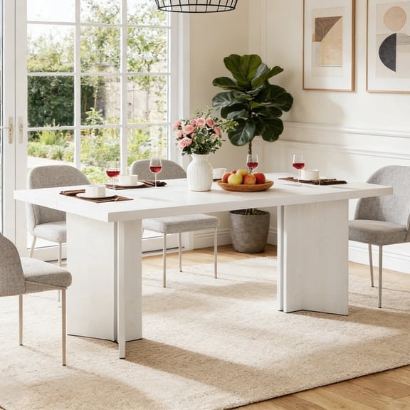 Fnova 63" Rectangular Modern Dining Table, Wooden Modern Kitchen Table for 6 People for Dining Room, White (Chairs Not Included)
