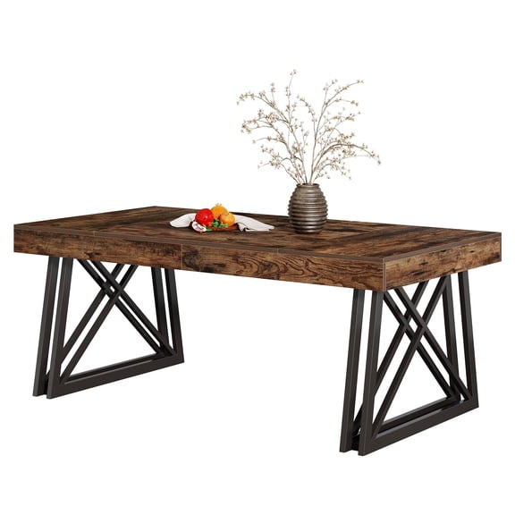 Fnova 63" Rustic Dining Table, 6-Person X-Shaped Metal Legs Rustic Table for Family Home, Office Conference, Dining Room & Casual Gatherings