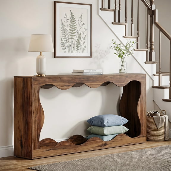 Fnova 63" Scalloped Console Table with Storage, Long Sofa Table Behind Couch, Farmhouse Entryway Table for Hallway, Living Room, Foyer, Rustic Brown