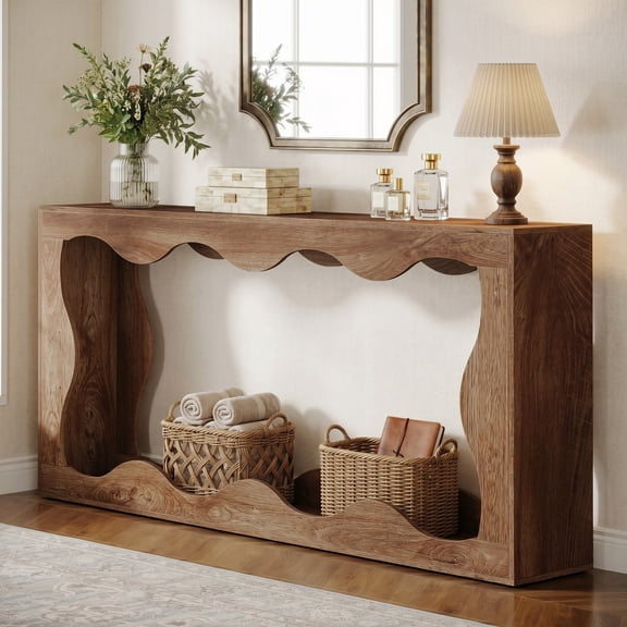 Fnova 63" Scalloped Console Table with Storage, Long Sofa Table Behind Couch, Farmhouse Entryway Table for Hallway, Living Room, Foyer, Wood Grain