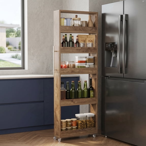 Fnova 63" Slim Storage Cart on Wheels, 5-Tier Tall Narrow Mobile Shelf Organizer, Rolling Utility Cart for Kitchen, Laundry, Small Spaces, Brown