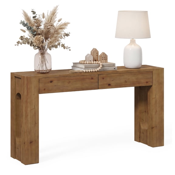 Fnova 63" Solid Wood Console Table with 2 Drawers, Rustic Farmhouse Entryway Table, Thick U-Shaped Leg Narrow Sofa Table, Accent Storage Hallway Foyer Table for Living Room Home Decor
