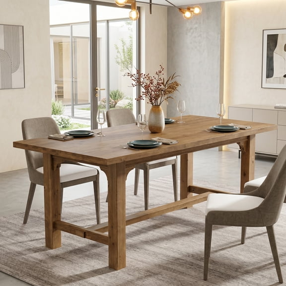 Fnova 63" Solid Wood Dining Table for 6, Farmhouse Rectangular Kitchen Table for Dining Room, Kitchen, Brown