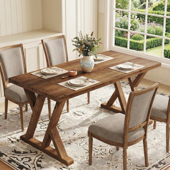 Fnova 63" Solid Wood Dining Table for 6, Farmhouse Rectangular Kitchen Table with Heavy-Duty Legs for Living Room, Dining Room, Brown