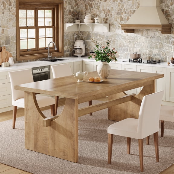 Fnova 63" Wooden Dining Table for 6 People, Large Farmhouse Rectangle Kitchen Table for Dining Room, Living Room, Brown