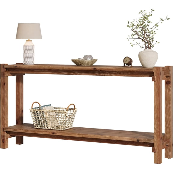 Fnova 63" Solid Wood Farmhouse Console Table, 2-Tier Entryway Table with Storage Shelf, Narrow Long Sofa Table for Living Room, Hallway, Foyer
