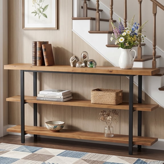 Fnova 63" Solid Wood Long Media Console Table with Open Shelves and Metal Legs, 3-Tier Storage Display Sofa Table Behind Couch, Brown