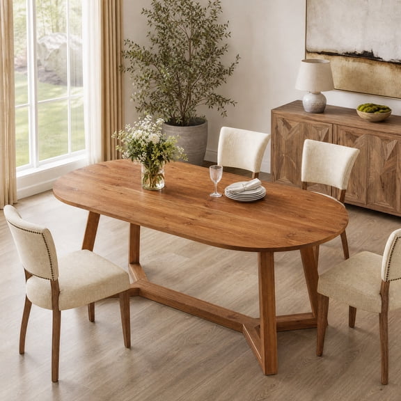 Fnova 63" Solid Wood Oval Dining Table, Farmhouse Kitchen Table for 4-6 People, Rustic Wood Dinner Table with Sturdy Base for Living Room Dining Room Apartment, Warm Brown