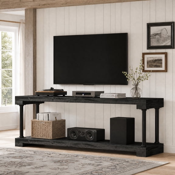 Fnova 63" Solid Wood TV Stand for 75" TV, Industrial 2-Tier Entertainment Center with Storage Shelf, Black