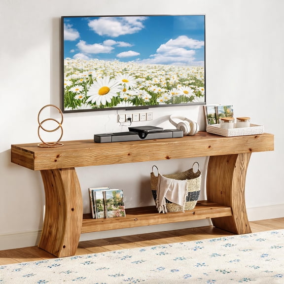 Fnova 63" Solid Wood TV Stand up to 75", Farmhouse Media Console Table with Storage, Low Entertainment Center for Living Room, Brown
