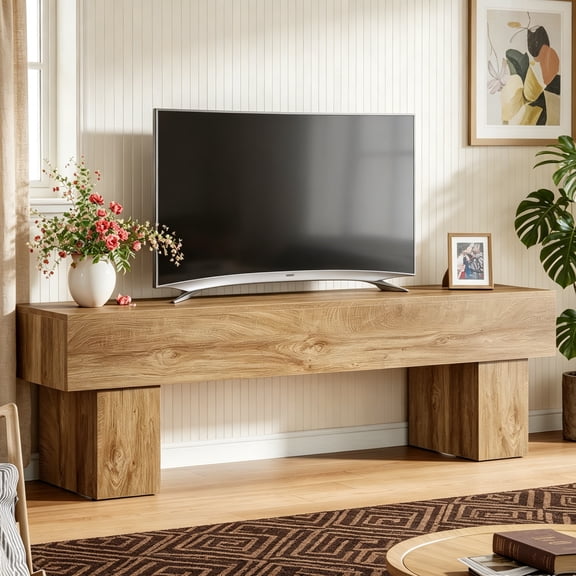 Fnova 63" TV Stand, Farmhouse Wood Entryway Bench, Dining Bench, Multi-Functional Console Table for Living Room, Hallway, Bedroom