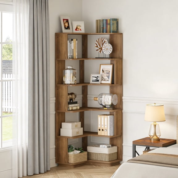 Fnova 64.9" 6 - Tier Industrial Corner Bookshelf, Modern Wood L-Shaped Bookcase with Anti-Tip, Freestanding Corner Display Shelf Storage Organizer