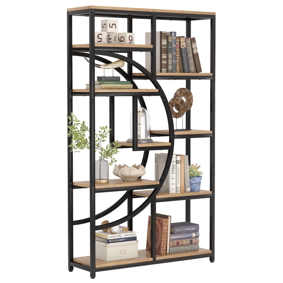 Fnova 68.8" 9 - Tier Industrial Bookshelf, Rustic Metal - Wood Storage Rack for Living Room/Office/Kitchen, Freestanding Tall Compact Corner Organizer