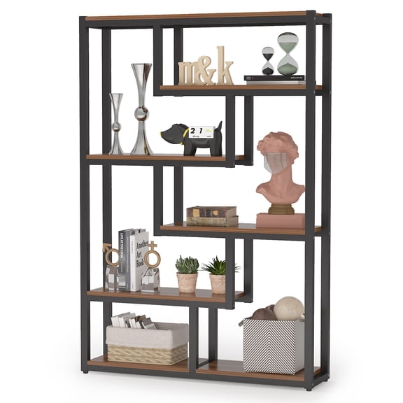 Fnova 69" Industrial Storage Shelf Unit, 6-Tier Staggered Etagere Bookcase Display for Living Room Bedroom Home Office