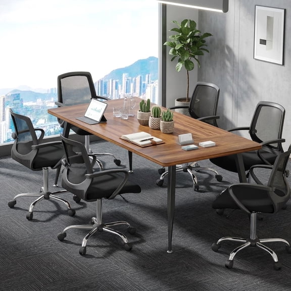 Fnova 6ft Conference Table for 6, Modern Conference Room Table with Metal Legs, Rectangular Meeting Boardroom Table for Office, Breakroom, Seminar, Podcast, Rustic Brown