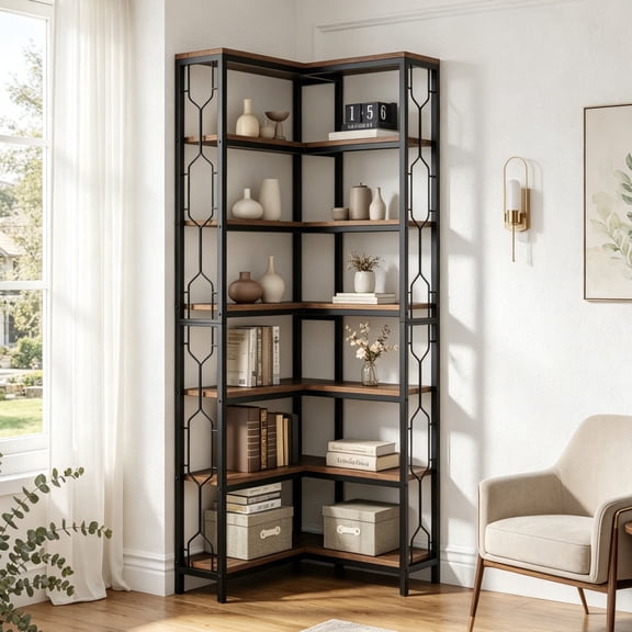 Fnova 7-Tier Industrial Corner Storage Shelf Unit, Space-Saving Bookcase Display for Living Room Bedroom Home Office