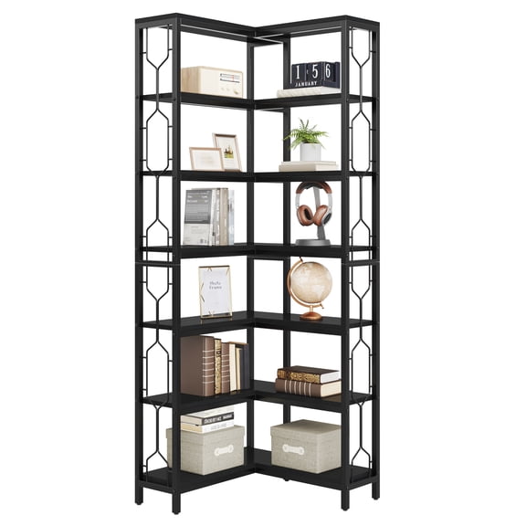Fnova 7-Tier Industrial Corner Storage Shelf Unit, Space-Saving Bookcase Display for Living Room Bedroom Home Office
