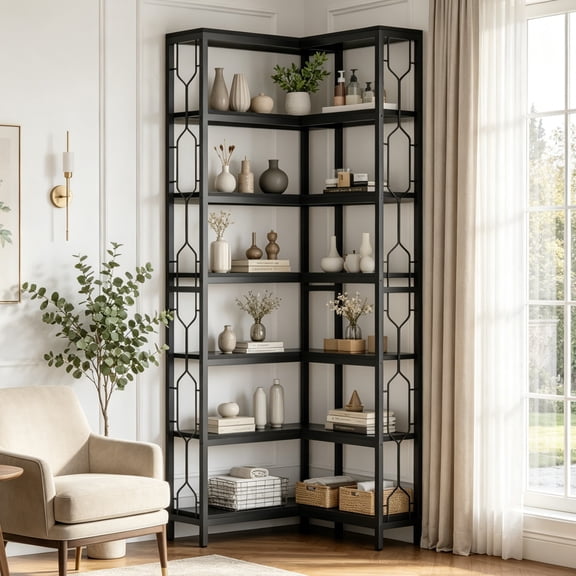 Fnova 7-Tier Industrial Corner Storage Shelf Unit, Space-Saving Bookcase Display for Living Room Bedroom Home Office