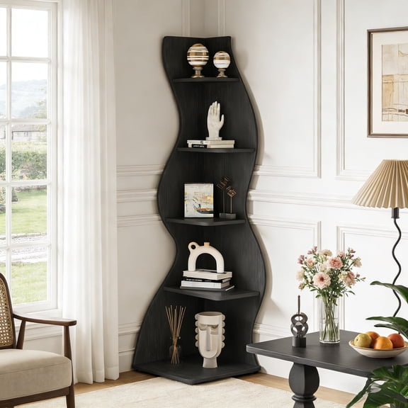 Fnova 70" 5-Tier Corner Shelving Unit, Modern Tall Storage Shelf Bookcase Plant Stand Organizer Unit for Home Office Living Room Bedroom, Black