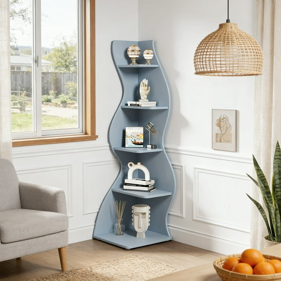 Fnova 70" 5-Tier Corner Shelving Unit, Modern Tall Storage Shelf Bookcase Plant Stand Organizer Unit for Home Office Living Room Bedroom, Blue