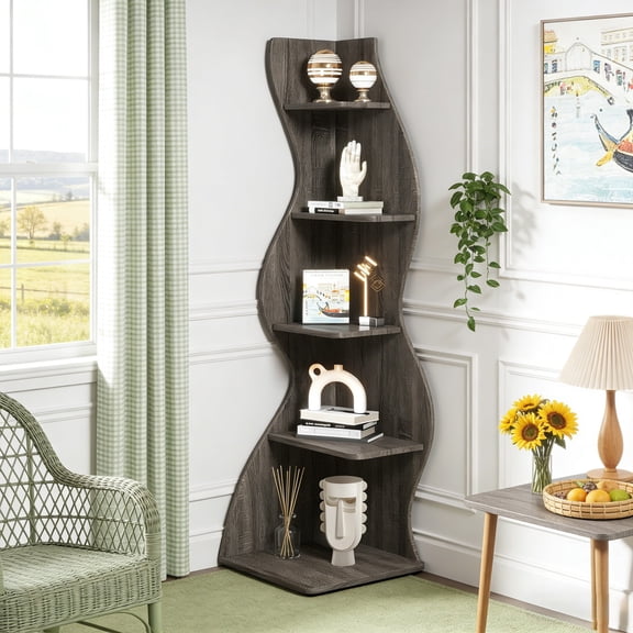 Fnova 70" 5-Tier Corner Shelving Unit, Modern Tall Storage Shelf Bookcase Plant Stand Organizer Unit for Home Office Living Room Bedroom, Gray
