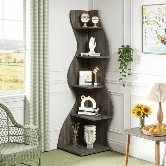 Fnova 70" 5-Tier Corner Shelving Unit, Modern Tall Storage Shelf Bookcase Plant Stand Organizer Unit for Home Office Living Room Bedroom, Gray