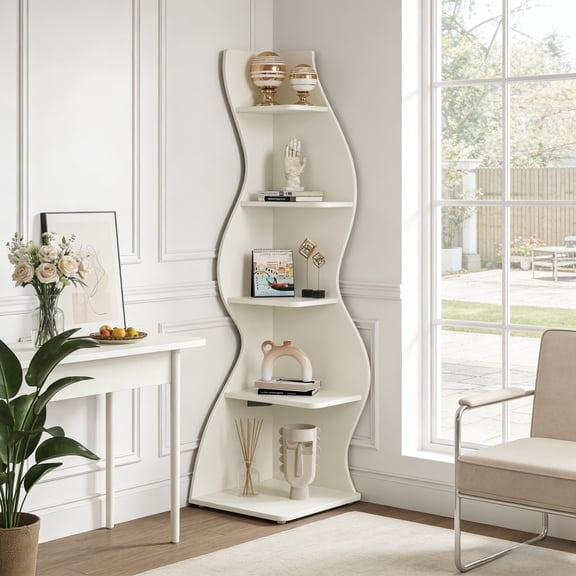 Fnova 70" 5-Tier Corner Shelving Unit, Modern Tall Storage Shelf Bookcase Plant Stand Organizer Unit for Home Office Living Room Bedroom, White