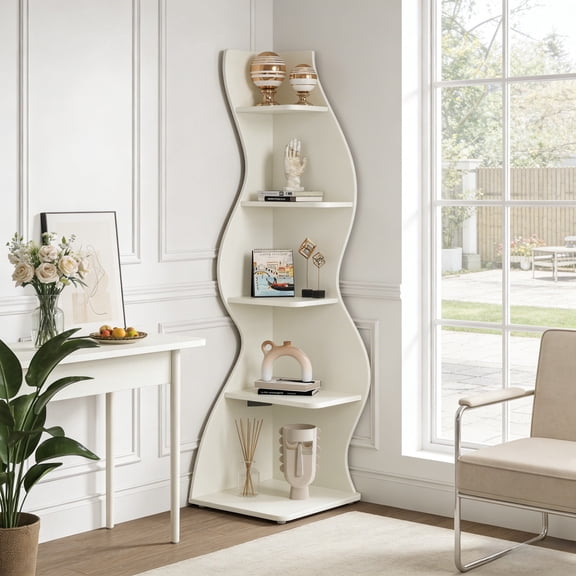 Fnova 70" 5-Tier Corner Shelving Unit, Modern Tall Storage Shelf Bookcase Plant Stand Organizer Unit for Home Office Living Room Bedroom, White