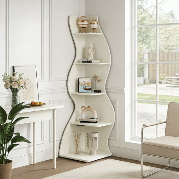 Fnova 70" 5-Tier Corner Shelving Unit, Modern Tall Storage Shelf Bookcase Plant Stand Organizer Unit for Home Office Living Room Bedroom, White