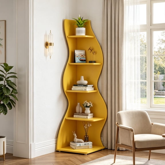Fnova 70" 5-Tier Corner Shelving Unit, Modern Tall Storage Shelf Bookcase Plant Stand Organizer Unit for Home Office Living Room Bedroom, Yellow