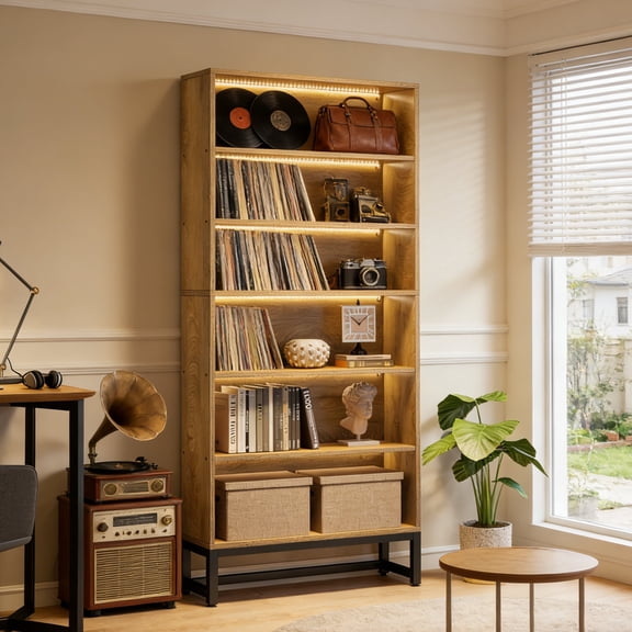 Fnova 70.8" Bookcase Modern Display 5 Tier Storage Shelves with LED Lights, File Cabinet for Living Room, Bedroom, Study