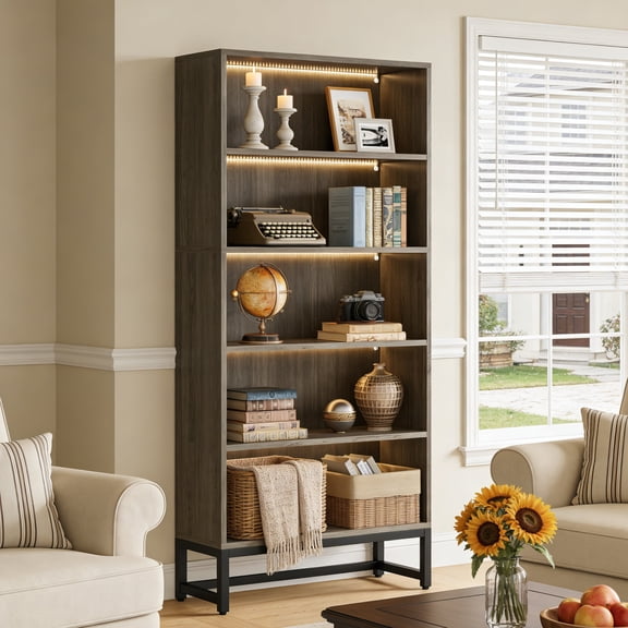 Fnova 70.8" Bookcase Modern Display 5 Tier Storage Shelves with LED Lights, File Cabinet for Living Room, Bedroom, Study