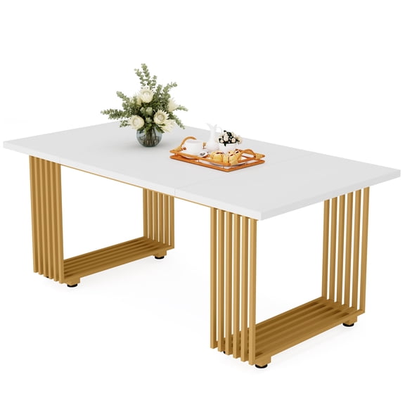 Fnova 70.8'' Dining Table for 6-8 People, Rectangular Dinner Table with Gold Metal Legs, Sturdy Metal Frame, Home Decor Table Suitable for Kitchen, Dining Room, Family Gatherings & Living Room