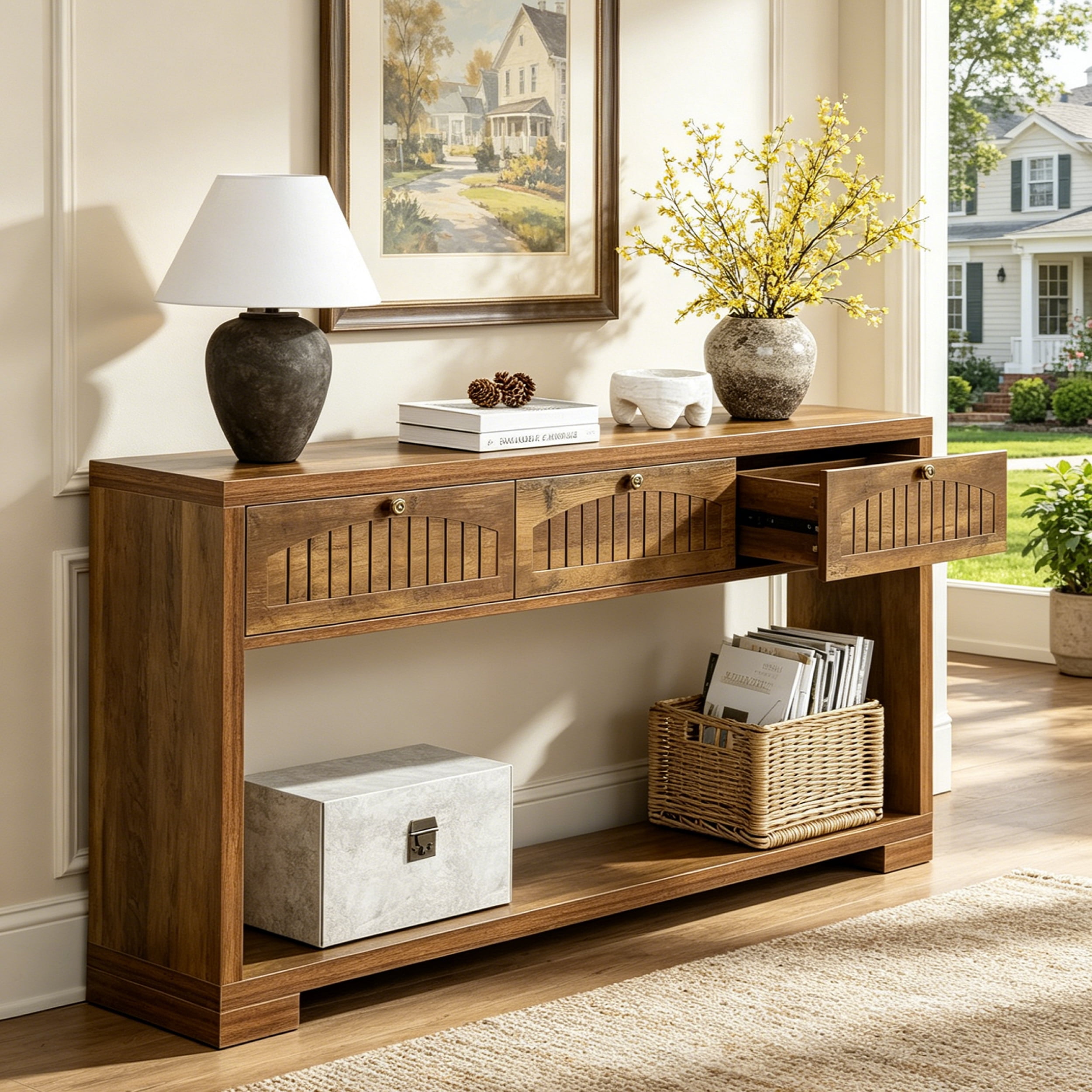 Fnova 70.8" Farmhouse Console Table, 3-Drawer Narrow Entryway Table with Open Shelf, Long Narrow Sofa Table for Living Room, Hallway, Foyer