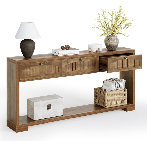 Fnova 70.8" Farmhouse Console Table, 3-Drawer Narrow Entryway Table with Open Shelf, Long Narrow Sofa Table for Living Room, Hallway, Foyer