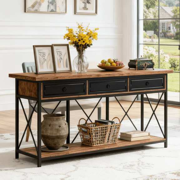 Fnova 70.8" Farmhouse Console Table with 3 Drawers & Storage Shelf, Modern Narrow Long Sofa Table for Entryway, Hallway, Foyer