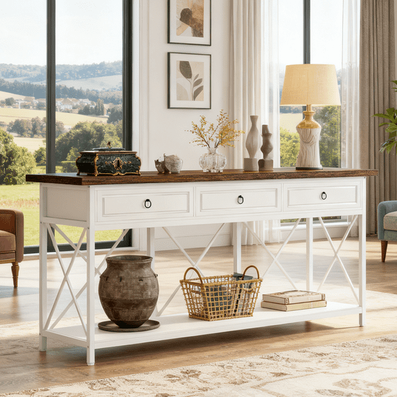 Fnova 70.8" Farmhouse Console Table with 3 Drawers & Storage Shelf, Modern Narrow Long Sofa Table for Entryway, Hallway, Foyer