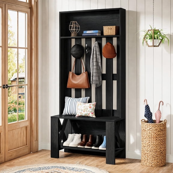 Fnova 70.8" Hall Tree with Bench and Shoe Storage, Farmhouse Coat Racks with 4 Hooks, Space-Saving, Black