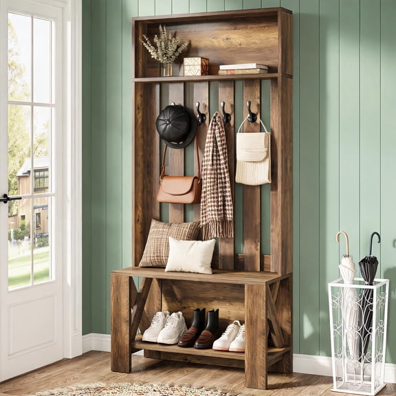 Fnova 70.8" Hall Tree with Bench and Shoe Storage, Farmhouse Coat Racks with 4 Hooks, Space-Saving, Brown