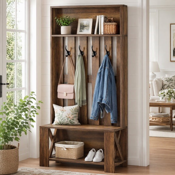 Fnova 70.8" Hall Tree with Bench and Shoe Storage, Farmhouse Coat Racks with 4 Hooks, Space-Saving, Brown