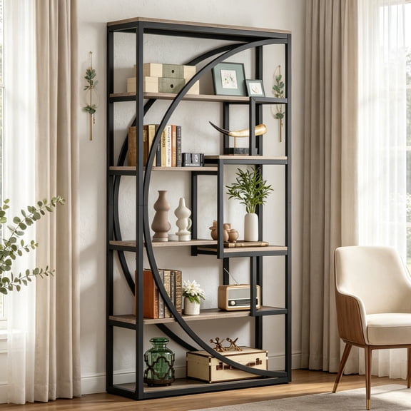 Fnova 70.8" Industrial Storage Shelf Unit, Geometric 5-Tier Open Bookcase Display Shelving for Living Room Bedroom Home Office Entryway