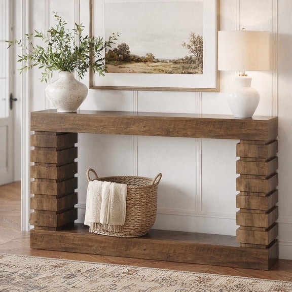 Fnova 70.8 Long Console Table with Storage, Wooden Living Room Table, Farmhouse Sofa Table Couch Table for Hallway, Entrance, Foyer, Brown