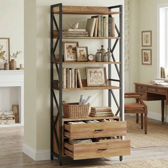 Fnova 70.8" Tall Bookshelf with 2 Drawers, 5 Shelf Industrial Open Shelf for Storage, Wood Bookcase for Living Room, Bedroom, Home Office, Rustic Brown