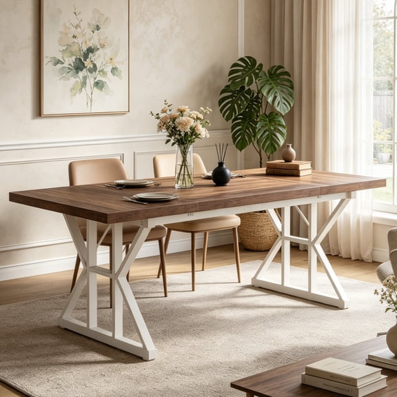 Fnova 70.86 Inch Farmhouse Dining Table, X-Shaped Metal Legs, Large Rectangular Kitchen Table for 6-8 People, Heavy Duty Dining Room Furniture